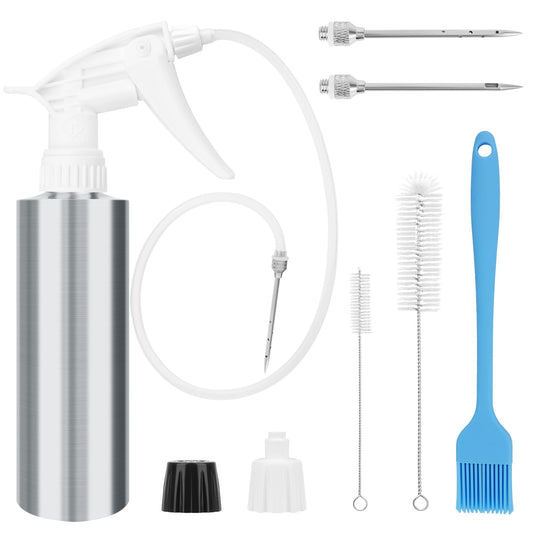 Anglekai Spray Bottle and Marinade Injector, Meat Injector Syringe with Stainless Steel Oil Spray Bottle/Marinade Needles/ 2 Brushes/Hose for Meat BBQ