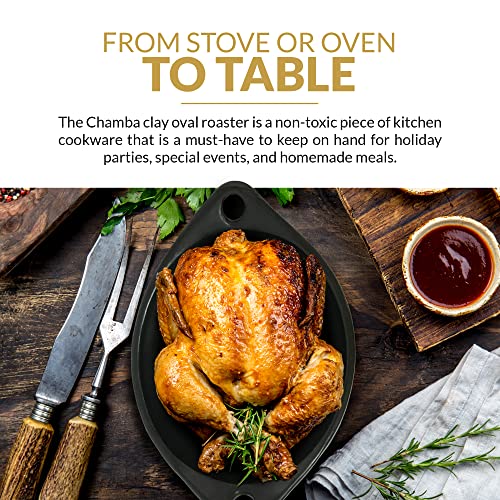 Authentic Chamba Oval Roaster w/Cover - Elegant, All-Natural Black Clay Dutch Oven for Braising, Baking, Roasting - Stovetop & Oven Safe – Earthenware, Handmade in Colombia – V. Large, 10 Qt.