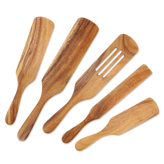 Wooden Cooking Utensils, Wooden Spatulas Set As Seen On TV, AOOSY 5 Pcs Natural Acacia Wood Spurtle Kitchen Tools Utensil Set Heat Resistant Non Stick Wood Cookware, Slotted Spatula for Stirring