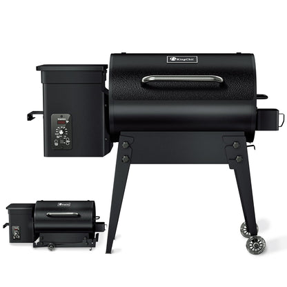 KingChii Portable Electric Wood Pellet Grill & Smoker with Foldable Legs, 456 SQ.IN Grill Capacity, 18LB Hopper, with PID Temperature Control (180-425°F) for Backyard Camping Bake and Roast, Black
