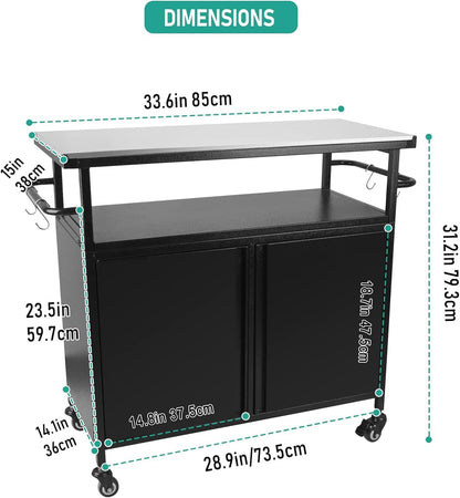 31" H Grill Cart with Storage - Outdoor BBQ Prep Table, Lockable Wheels & Magnetic Cabinet for Patio, Backyard, Tailgating