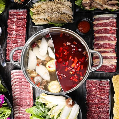 Peohud 304 Stainless Steel Hotpot Pot with Divider, 12 Inches Double-flavor Shabu Shabu Pot with Ladle and Slotted Spoon, Dual Sided Soup Cookware for Induction Cooktop Gas Stove
