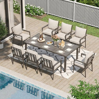 HAPPATIO Patio Dining Set for 8, 9-Piece Outdoor Aluminum Dining Furniture Set, 8 Cushioned Dining Chairs and Table for Deck Yard Poolside, Rust-Proof, Weather-Resistant, Easy Assembly