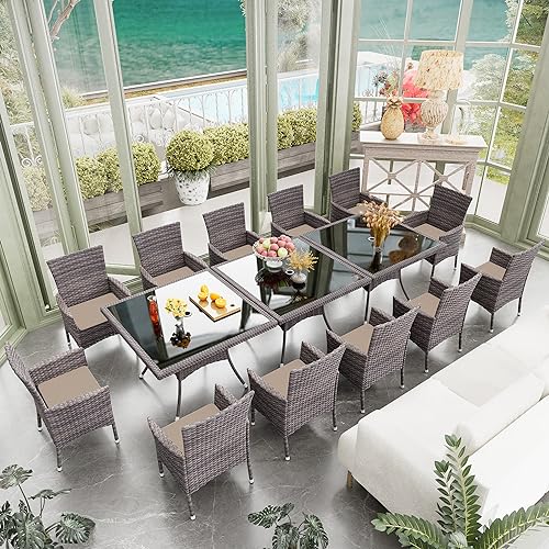 RTDTD 15 Pieces Outdoor Patio Dining Set,Patio Table and Chairs Rattan Outdoor Patio Furniture Set with Umbrella Hole,Dining Table Set for 12 with Chairs for Backyard,Garden and Kitchen,Brown