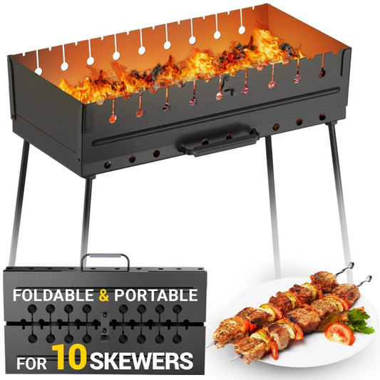 Charcoal Grill for 10 Skewers - Portable Barbecue Kabob Camp Grills - Foldable Metal Mangal - Kebab Shish BBQ for EDC Picnic Outdoor Cooking Camping Hiking NB10
