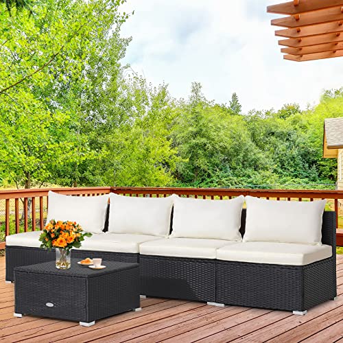 Tangkula 5-Piece Outdoor Patio Furniture Set, Patiojoy PE Wicker Conversation Set with Cushions and Coffee Table, Patio Sectional Sofa Furniture Set for Garden, Poolside, Backyard (Off White)
