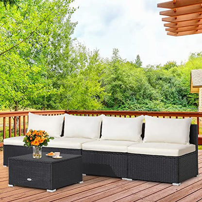 Tangkula 5-Piece Outdoor Patio Furniture Set, Patiojoy PE Wicker Conversation Set with Cushions and Coffee Table, Patio Sectional Sofa Furniture Set for Garden, Poolside, Backyard (Off White)