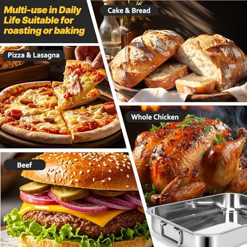 15.5" Stainless Steel Roasting Pans with Handles, Baking Pan for Oven with 2 Racks, Heavy Duty, Dishwasher Safe Rectangular Lasagna Pan with Handles for Turkey Chicken, Silver