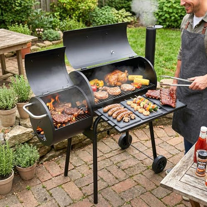 Dopinmin BBQ Charcoal Grill, Outdoor Heavy Duty Cooker oven Barbecue Grill with Offset Smoker & Thermometer, Wheels and Tray for Patio Balcony Picnics, Party and Camping