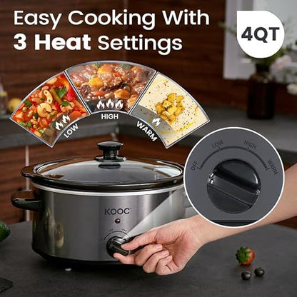 KOOC 4-Quart Slow Cooker, 3 Cooking Settings, Dishwasher Safe Ceramic Crock, Lid, Free Pot Liners Included, GREY, Ellipse Pot
