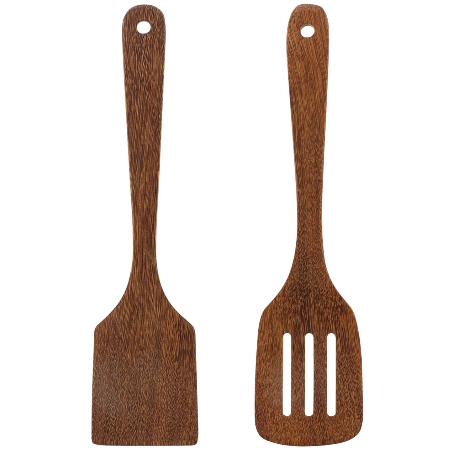 2 Pack Wooden Spatula, Solid Turner & Slotted Spatula Set for Nonstick Pans, Wood Long Handle Flat Frying Turner, Wood Spatulas for Cooking, Frying, Baking