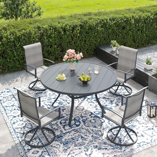 DIFY 5 Piece Outdoor Patio Dining Set for 4, 47.2" Round Metal Dining Table and Swivel Patio Chairs with Padded Textilene, All-Weather Outdoor Furniture Set for Garden Backyard Porch, Grey