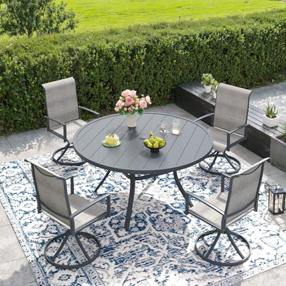 DIFY 5 Piece Outdoor Patio Dining Set for 4, 47.2" Round Metal Dining Table and Swivel Patio Chairs with Padded Textilene, All-Weather Outdoor Furniture Set for Garden Backyard Porch, Grey