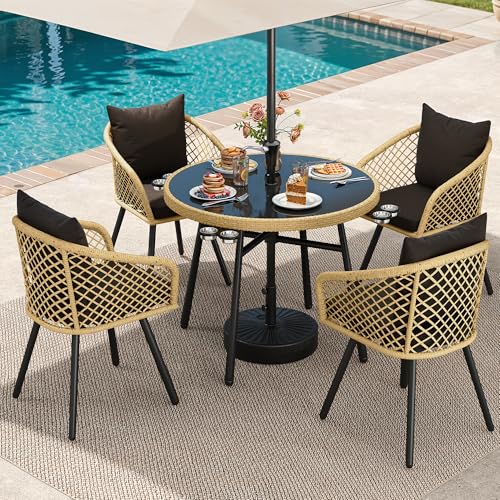 YITAHOME Outdoor Dining Set with Umbralle Hole, 5pcs Rattan Patio Dining Set for 4 with Cup Holders Soft Cushions and Glass Top Dining Table for Patio, Backyard, Garden, Bacony, Light Brown & Black