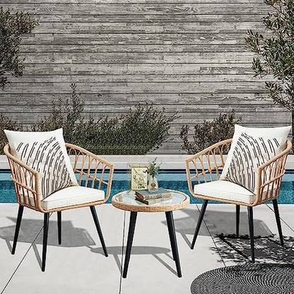 PORWEY 3 Piece Patio Bistro Set, Outdoor Wicker Apartment Balcony Furniture Sets, Rattan Table and Chairs Set of 2 for Porch Backyard Lawn Poolside Deck, Beige