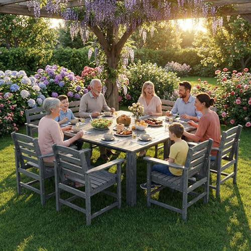 PamapicLife Dining Table Set, 10-Piece HDPE Outdoor Dining Set for 8, Gray