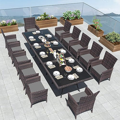 Kurapika 15-Piece Patio Furniture Outdoor Dining Set, Wicker Rattan Patio Dining Table and Chairs Set, Square Tempered Glass Tabletop with Umbrella Hole and 12 Chair Set, Grey