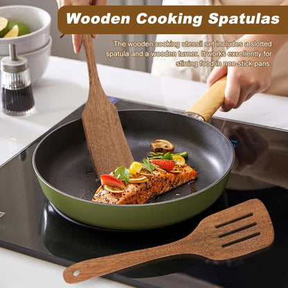 2 Pack Wooden Spatula, Solid Turner & Slotted Spatula Set for Nonstick Pans, Wood Long Handle Flat Frying Turner, Wood Spatulas for Cooking, Frying, Baking
