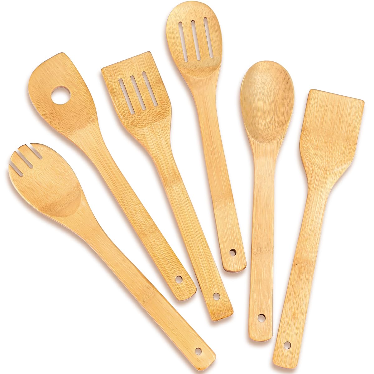 IOOLEEM Bamboo Wooden Spoons for Cooking 6 Pcs 12Inch,Non-Stick Wooden Kitchen Utensils Set,Natural and Durable Wooden Spatula Spoons for Non-Stick Pan for Cooking