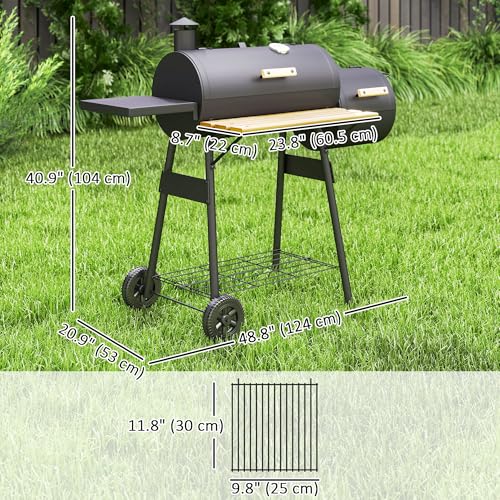 Outsunny Charcoal Grill with Offset Smoker, 231 Sq.In. Cooking Area, Barrel BBQ Grill and Smoker Combo with Side Tables, Shelf, Thermometer, Wheels for Outdoor Patio Backyard Party Event Gathering