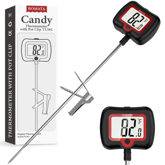 BOMATA Candy Thermometer with Pot Clip, Instant Read Cooking Thermometer with 8" Long Probe, Rotating Display, for Candy Making, Food, Candle Making, Liquids, Water, Baking, Sugar, Grilling. Black