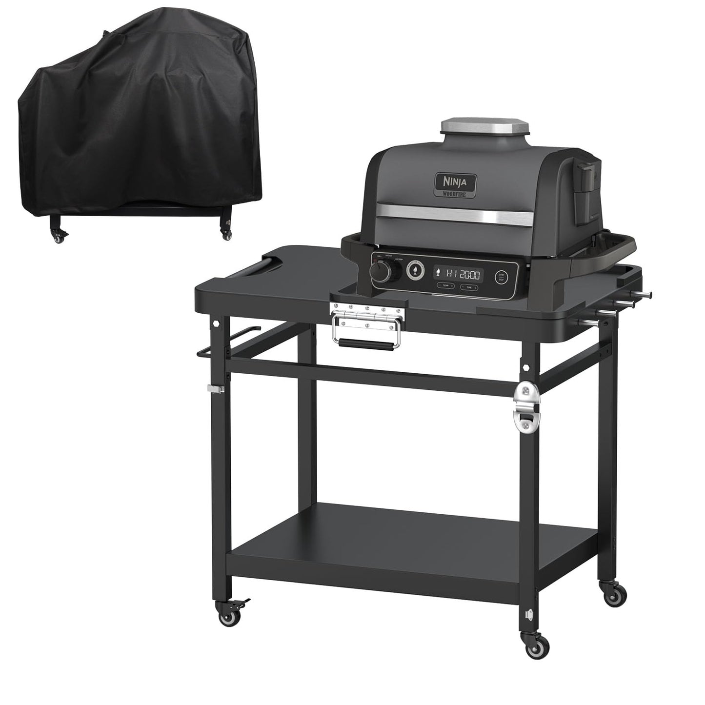 Universal Grill Stand for Ninja Woodfire Outdoor Grill,Portable Foldable Grill Cart Table for XSKUNSTAND OG700 OG800 OG900 OO101 SER Smoker Pizza Oven Accessories with 4 Wheels & Grill Cover