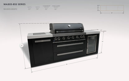 Mont Alpi MAi805-BSSFC 44-inch 6 Burner Black Stainless Steel Modular Outdoor Kitchen Island BBQ Grill with Fridge Cabinet + Side Burner + Granite Countertops + Rotisserie Chopping Board & Grill Cover
