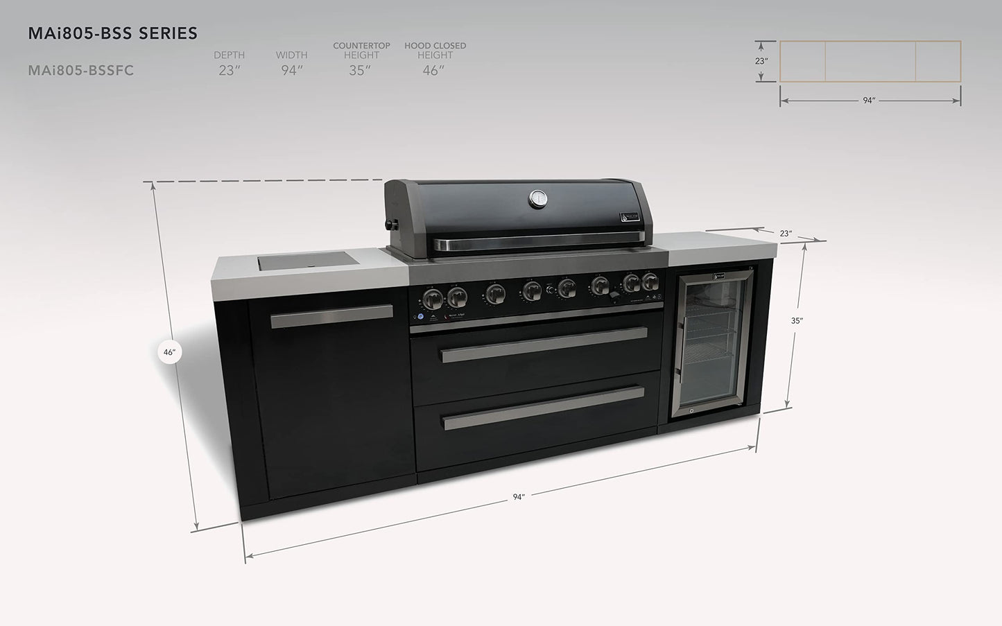 Mont Alpi 44-inch 6 Burner MAi805-BSSFC Black Stainless Steel Modular Outdoor Kitchen Island BBQ Gas Grill with Fridge Cabinet + Side Burner + Granite Countertops + Rotisserie Kit and Grill Cover