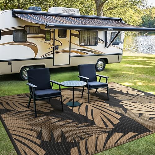 GENIMO Waterproof Outdoor Rug 5' x 8' for Patio Decor, Reversible Plastic Straw Area Rugs for Camping Clearance, RV Mat, Large Outside Carpet for Porch, Deck, Picni, Balcony, Garden, Black & Brown