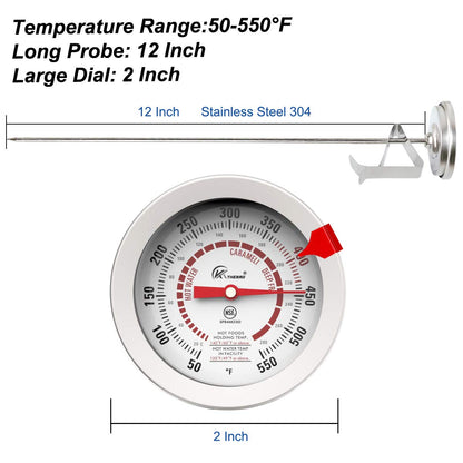 KT THERMO Candy/Deep Fry Thermometer with 12'' Stainless Steel Food Grade Probe and Clip, Fast Instant Read Large 2" Dial,Temperature Range 50 to 550 ºF / 20 to 280°C