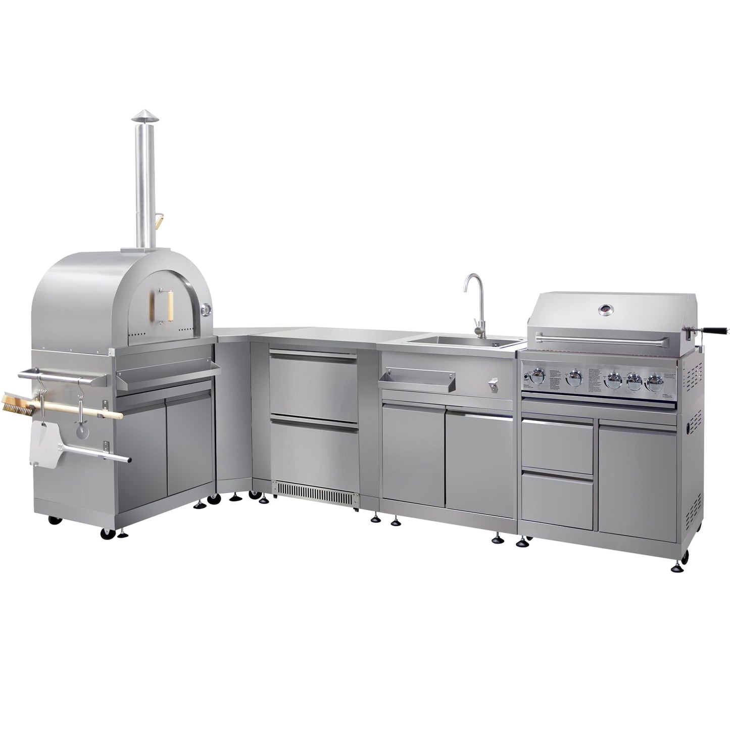 CT Outdoor Kitchen Package Modular BBQ Grill Island, 32" Gas Grill 4 Burners, Grill Cabinet, Kitchen Sink,4.2 cu.ft Dual Drawer Fridge, Fridge & Cooler Cabinet, Pizza Oven, Corner Cabinet
