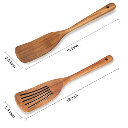 2 Pack Wooden Non Toxic Spatulas for Kitchen Utensils Set Acacia Wood Cooking Spatula Flat Wok Pancake Turner Bamboo Slotted Spoon for Cooking Utensil Spurtle Scraper Long Fish Egg Flipper Spatulas