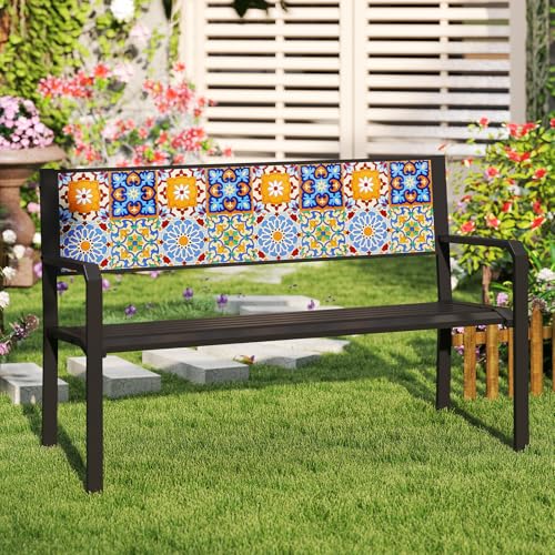 Tangkula 50" Metal Patio Park Bench, Modern Outdoor Classic Slatted Loveseat for 2-3 People with Curved Seat & Mosaic Backrest, Heavy-Duty Outdoor Seating for Backyard, Poolside, Porch