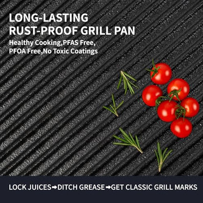 Tastedeli Cast Iron Grill Pan,9.25" Pre Seasoned Skillet with Pour Spouts,Silicone Handle Cover for Indoor and Outdoor Grilling,Durable Oven Safe,Stove Campfire Use(Black)