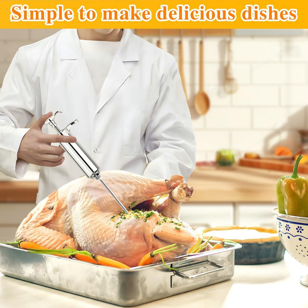 PEOUWNES 304-Stainless Steel Meat Injector Syringe Kit with 3 Marinade Needles for BBQ Grill Smoker, Turkey, Brisket, Beef, Fish, 2-oz Large Capacity, Silicone Brush and Cleaning Brush