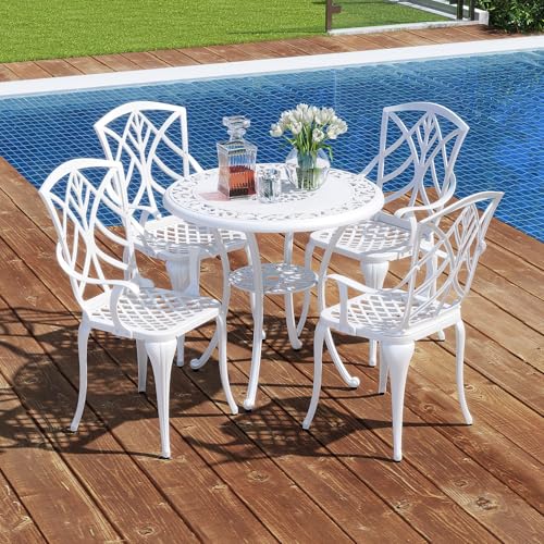 Tangkula 5 Pieces Cast Aluminum Outdoor Dining Set, Round Dining Table with 2” Umbrella Hole & 4 Armchairs, All-Weather Outdoor Furniture Set for Patio, Balcony, Garden & Backyard, White
