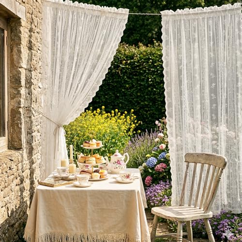 NICETOWN Outdoor Sheer Curtains for Patio Waterproof, White Lace Drapes for Porch Pergola, Gazebo Chic Decor with Lily of the Valley Striped Wave Edge, Rod Pocket Top, 2 Panels, W54 x L84 in