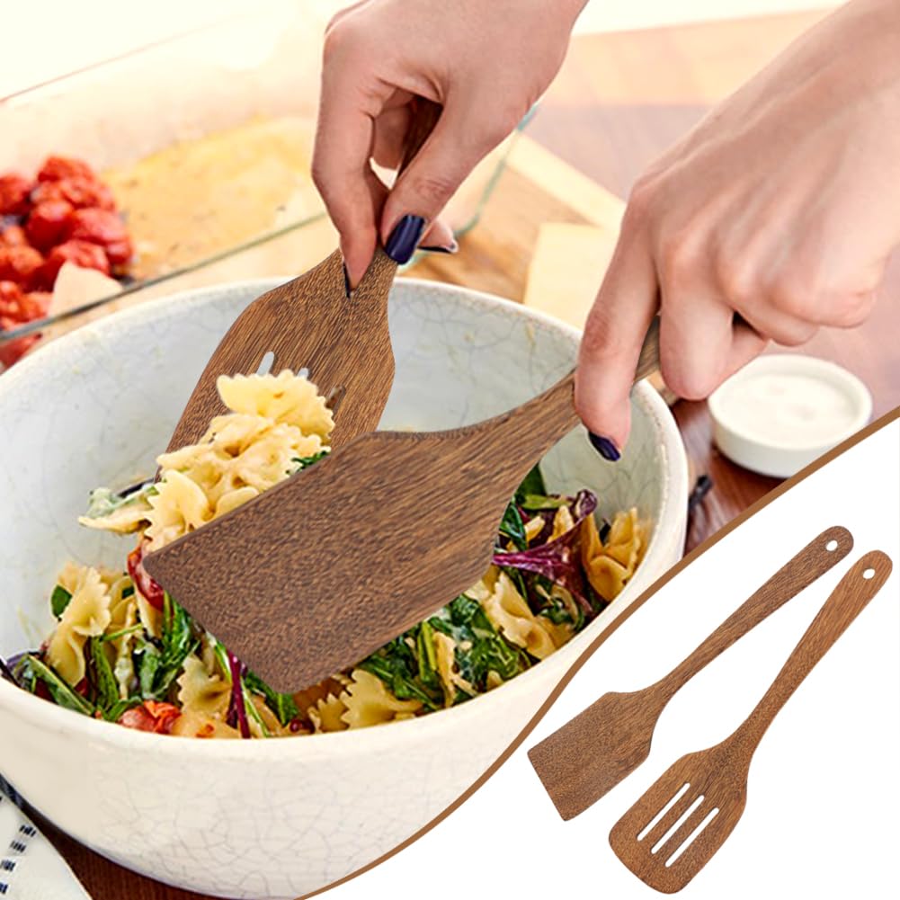 2 Pack Wooden Spatula, Solid Turner & Slotted Spatula Set for Nonstick Pans, Wood Long Handle Flat Frying Turner, Wood Spatulas for Cooking, Frying, Baking