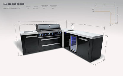 Mont Alpi MAi805-BSS90BEV Burner 115000 BTU L-Shaped 90 Degree Corner Black Stainless Steel Gas Modular Outdoor Kitchen Island BBQ Grill with Beverage Center Refrigerator + 2 Infrared Burners +Storage