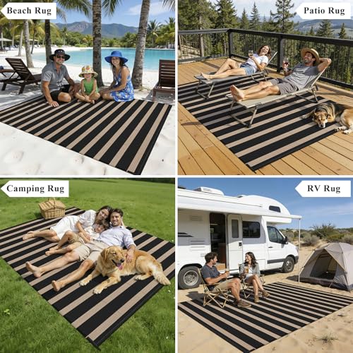 Vaukki Waterproof Outdoor Rug 5x8, Reversible Striped Patio Rug, Lightweight Plastic Straw Camping Mat, Indoor Outdoor RV Carpet for Outsides, Patio, Camping, Balcony, RV and Deck, Black and Beige