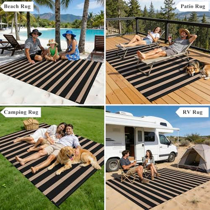 Vaukki Waterproof Outdoor Rug 5x8, Reversible Striped Patio Rug, Lightweight Plastic Straw Camping Mat, Indoor Outdoor RV Carpet for Outsides, Patio, Camping, Balcony, RV and Deck, Black and Beige