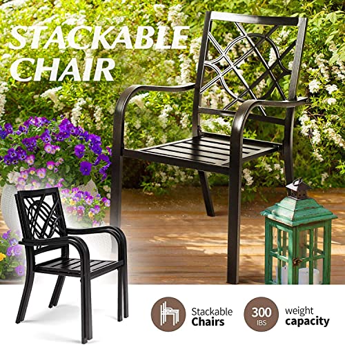 Omelaza 7 Pieces Patio Metal Furniture Outdoor Dining Set with 6 Stackable Bistro Chairs, and 60'' x 37'' Rectangle Table with Umbrella Hole (Black)