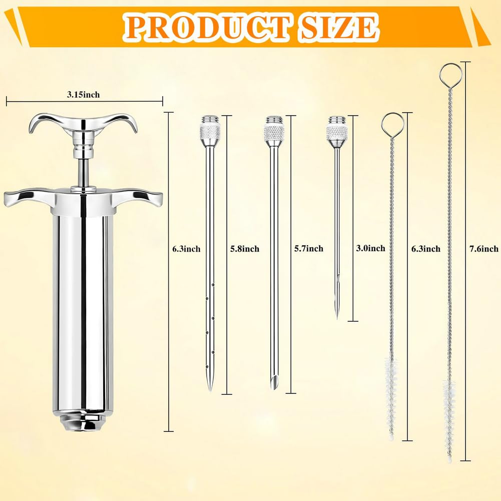 PEOUWNES 304-Stainless Steel Meat Injector Syringe Kit with 3 Marinade Needles for BBQ Grill Smoker, Turkey, Brisket, Beef, Fish, 2-oz Large Capacity, Silicone Brush and Cleaning Brush