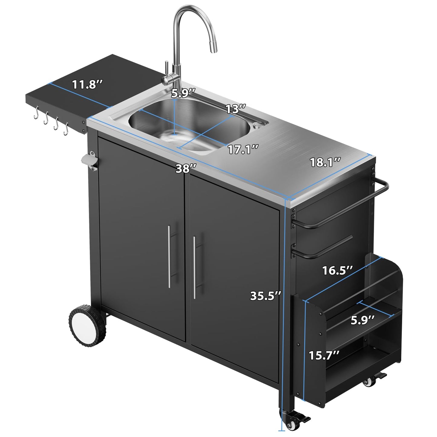 ROOMTEC Outdoor Grill Cart with Stainless Steel Sink, Rolling Metal Prep Table & Storage Cabinet, BBQ Kitchen Island for Patio or Garden