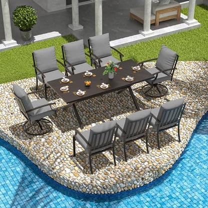 Trumbeak 9-Piece Patio Dining Set Outdoor Conversation Set,Metal Outdoor Furniture Set with Umbrella Hole Cut-Out 78.7" x 35.4" Table and 8 Metal Chairs for Backyard,Garden,Grey