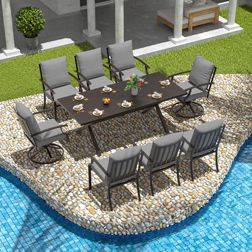 Trumbeak 9-Piece Patio Dining Set Outdoor Conversation Set,Metal Outdoor Furniture Set with Umbrella Hole Cut-Out 78.7" x 35.4" Table and 8 Metal Chairs for Backyard,Garden,Grey