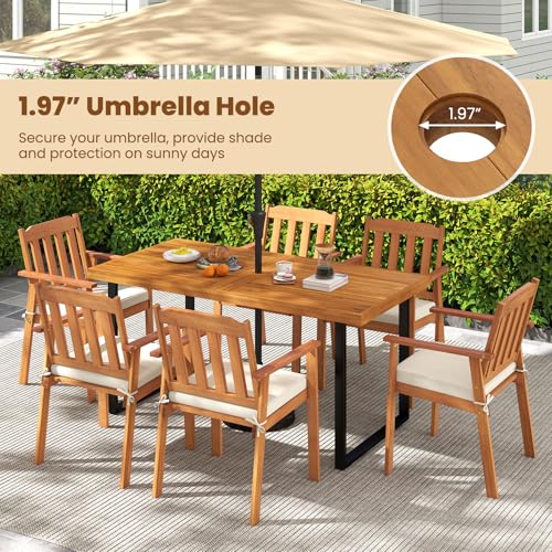 Tangkula 6 Pieces Patio Dining Table Set, 63” Rectangle Acacia Wood Table with Umbrella Hole and 4 Cushioned Armchairs and Backless Bench, Outdoor Dinette Furniture for Garden Yard Kitchen