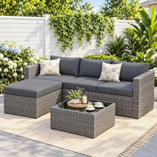 5 Pieces Wicker Patio Furniture Set - Outdoor Sectional for All Weather