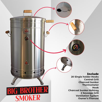 (50 POUND) Premium 304 Stainless Steel Barrel Smoker Grill 2-in-1 – Compact Charcoal Vertical BBQ with Thermometer & Ventilation System – Complete Accessories Kit – Portable for Outdoor & Camping.