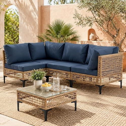 WiNVO 5-Piece Outdoor Wicker Patio Sectional Furniture Set, Dark Blue